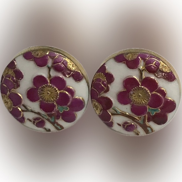 Vintage Arita Toshikane Hand Printed Cherry Blossom Porcelain Screw Back Earring